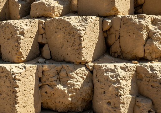 Close up view of ancient weathered mud brick wall texture and stonework