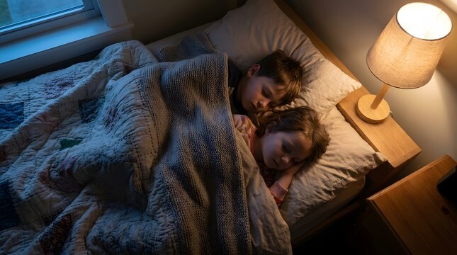 Siblings Sleeping Peacefully in Bed Cozy Night Scene