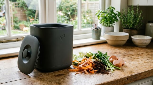 Kitchen countertop compost bin with food scraps and fresh vegetables, zero waste