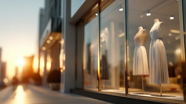Modern Shopping Mall Exterior with Fashion Storefronts and Mannequins at Sunset