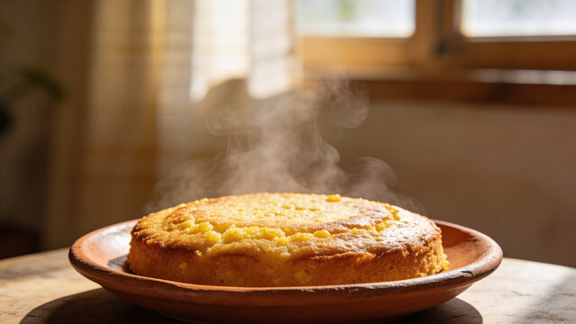 Steaming hot corn cake on a clay plate on a wooden table in a sunlit indoor environment