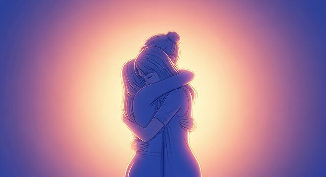 A gentle artistic illustration featuring a soft embrace rendered in delicate pastel tones with warm glowing light and hand-drawn textures, unity, romantic, gentle
