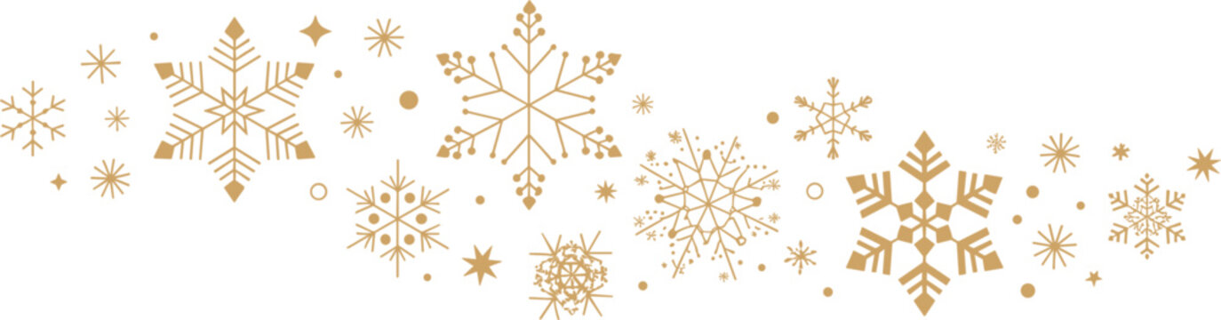 Decorative gold snowflake border pattern, with various unique crystal shapes on a white background design