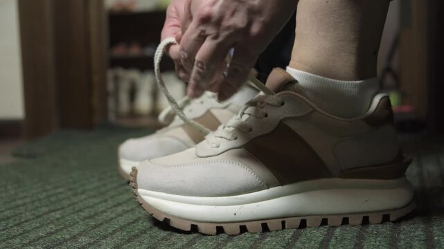 Person ties shoelaces on new shoes inside a house in the evening