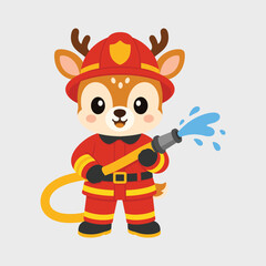 Fototapeta premium Cute cartoon deer firefighter mascot holding a water hose to extinguish flames red.