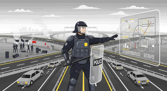 Police Officer Directing Traffic Highway.