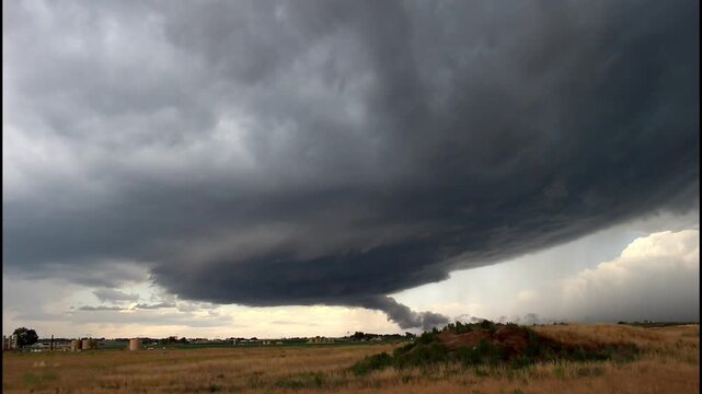 Time lapse footage of a storm cloud gathering strength and forming a wall cloud under its base.