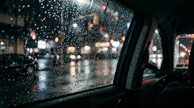 Nighttime cityscape viewed through rain-soaked car window with blurred lights and digital glitch texture on RGB noise background
