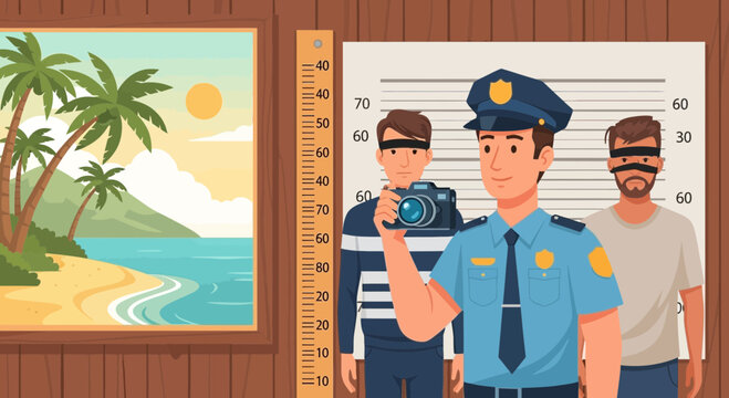Police officer with handgun and suspects.