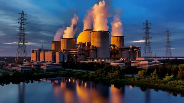 Modern Energy Factory at Sunset with Dramatic Steam Emissions