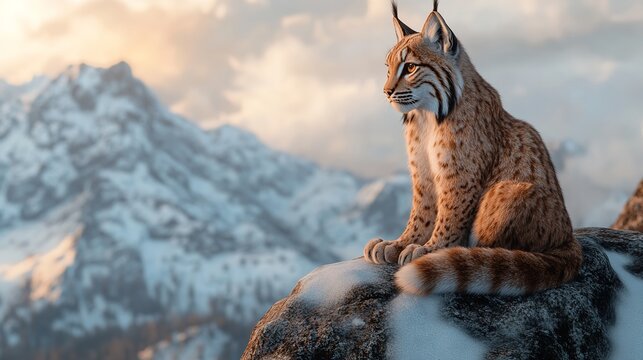 Wild lynx sitting on snowy rock in winter forest