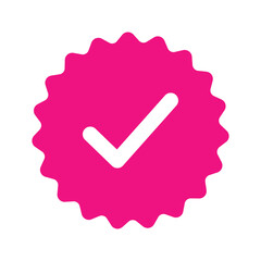 Pink Verified Checkmark Badge Icon Vector. Flat Fuchsia Starburst Seal of Approval. Quality Guarantee Sticker, Success Tick Mark, Approved Service Symbol for Web UI Design and Social Media Marketing. © stefanbalaz