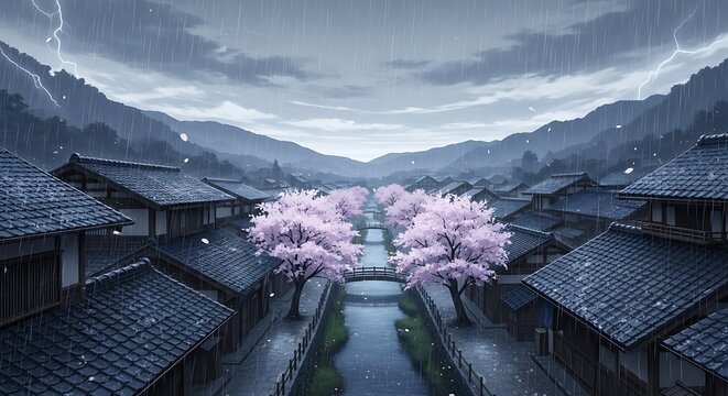 Tranquil Village Scene with Cherry Blossoms and Stormy Sky.