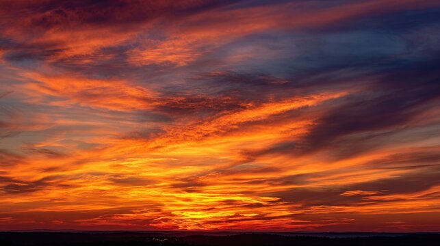 Fiery Sunset Sky Above Dark Horizon Vivid Orange Red Clouds