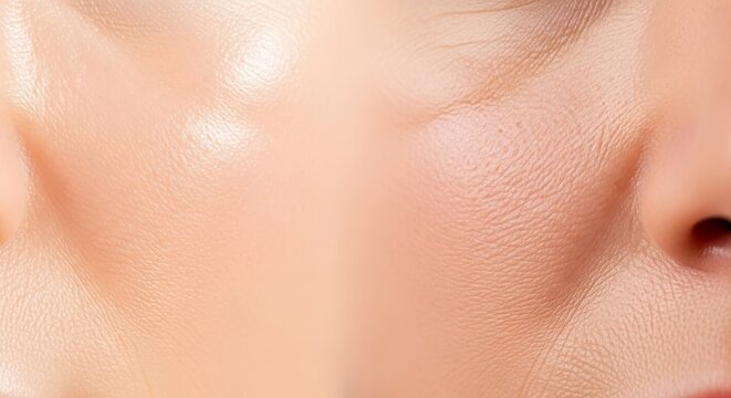 Macro close-up of skin surface gently divided by the passage of time blending smooth vitality with early signs of textured maturity and age, wrinkled, concept, duality