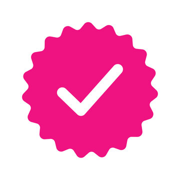 Pink Verified Checkmark Badge Icon Vector. Flat Fuchsia Starburst Seal of Approval. Quality Guarantee Sticker, Success Tick Mark, Approved Service Symbol for Web UI Design and Social Media Marketing.