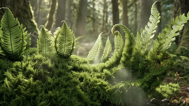Moss carpet unfurling into fern fronds with drifting spores