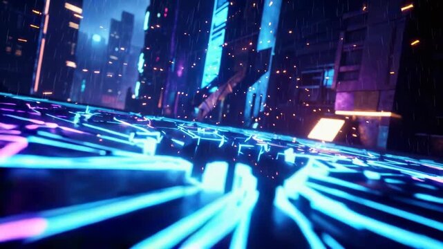 Electric blue neon grid fracturing with glowing vein lines and flying sparks