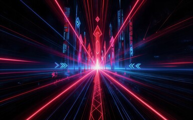 Fototapeta premium Neon red and blue light beams converge into a dazzling digital tunnel.