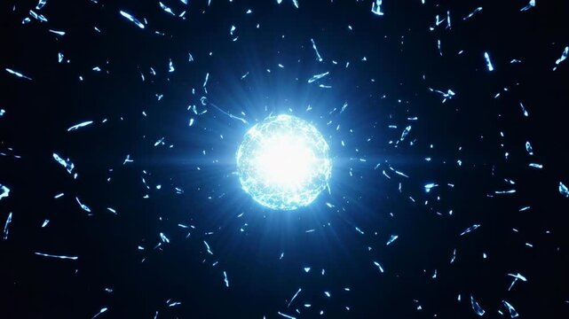 White pure energy neon sphere imploding into outward shattering fragments