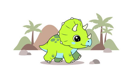 Cute cartoon triceratops dinosaur walking in prehistoric landscape with palm trees © Aziz