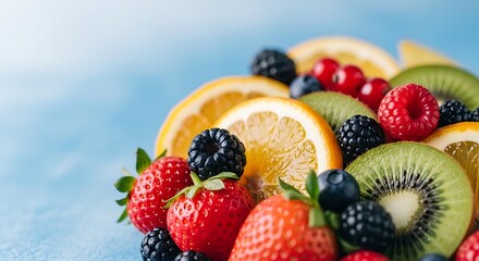 Obraz premium Fresh mixed berries and citrus fruits on blue background