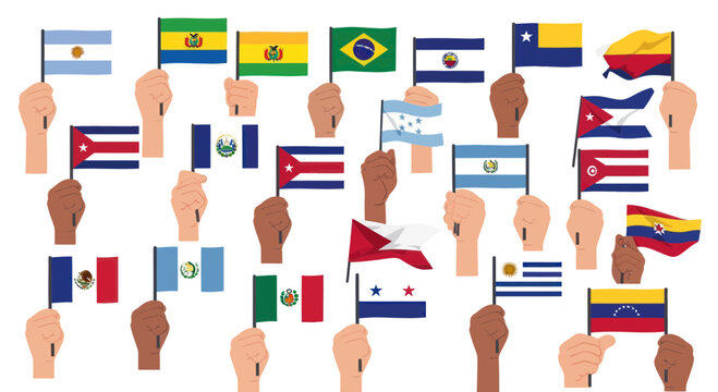Hands Holding Flags of Latin American Countries - Diversity and Unity