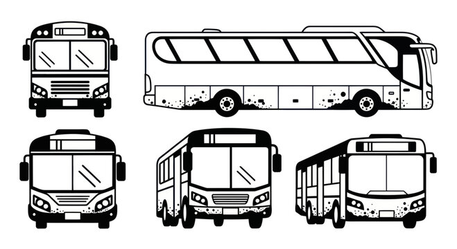 Set of bus illustrations, front and side views, black and white line art