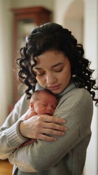 Young woman in grey sweater holding sleeping newborn baby in arms indoors medium shot