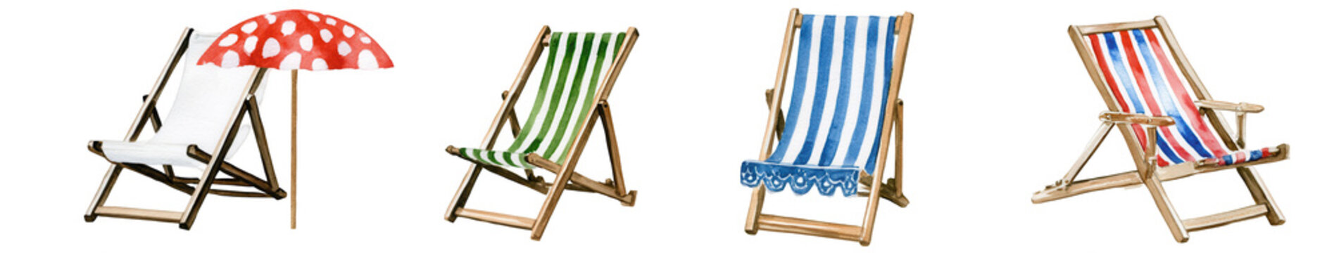 four watercolor beach chairs with wooden frames isolated on transparent background