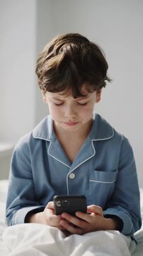 Young boy in blue pajamas using smartphone while sitting on bed, eye level, interior, copy space