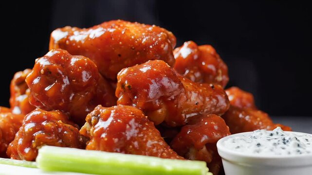 Delicious Buffalo Chicken Wings with Blue Cheese Dip and Celery Sticks.