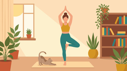 Fototapeta premium Young woman practicing yoga at home in morning