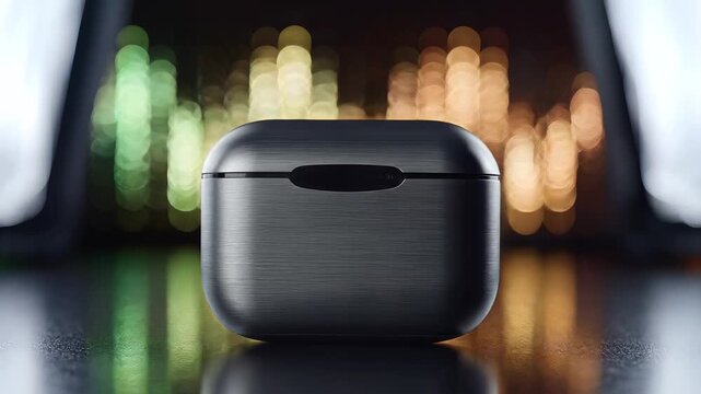 Modern wireless earbuds charging case with vibrant bokeh background.