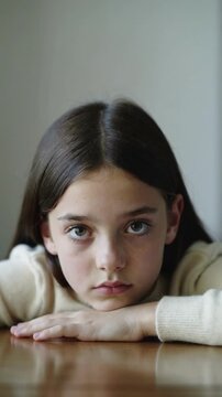 Young girl with brown hair resting chin on hands at table indoors close up