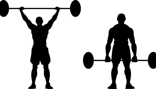 muscular man lifting barbell overhead and deadlift isolated on transparent background