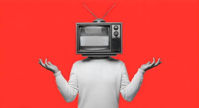 Contemporary art collage of male with TV instead head on background.