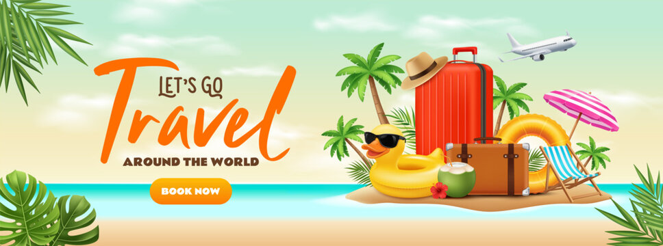  Let&rsquo;s Go Travel Wide Banner with Tropical Summer Vacation Design