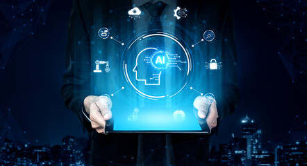 A concept of a global AI ecosystem centered on digital intelligence. Network integrates diverse...
