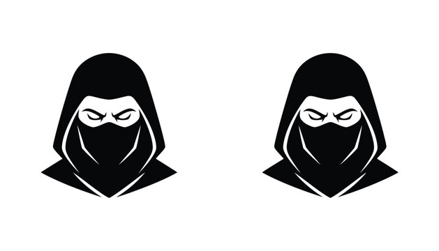 Striking hooded ninja assassin head icon depicting a mysterious figure with masked face and piercing eyes in bold silhouette