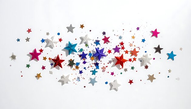 Scattered colorful star confetti and small shapes exploding on a white background, celebration and party elements