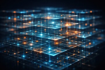 Fototapeta premium Layers of grids with blue and orange lights create a digital landscape highlighting patterns and technology design for visual interest.