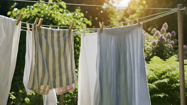 White laundry drying on a clothesline in a sunny summer garden
