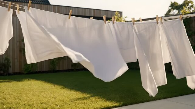 White laundry drying on clothesline in sunny backyard garden