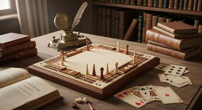 Antique Cribbage Board and Playing Cards in Vintage Library