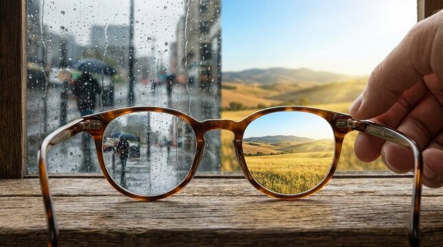 Eyeglasses with rain in one lens and sunshine in the other, contrasting perspectives concept