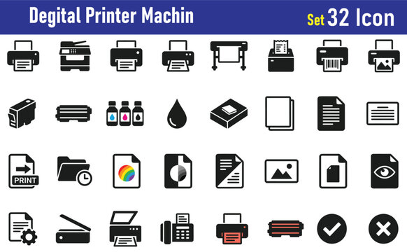 Digital printer machine icon set on white background editable icons