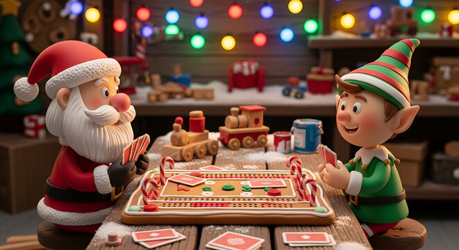 Santa and Elf playing cribbage on a festive gingerbread board