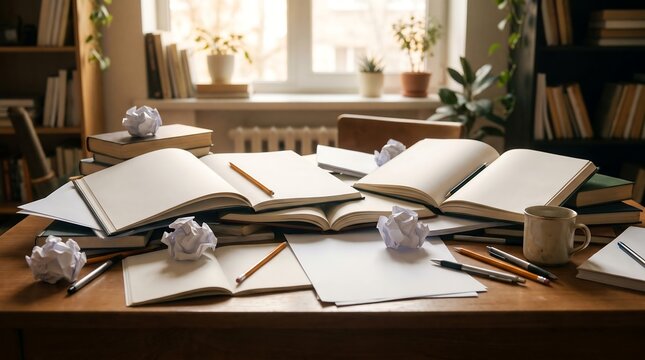 Messy Pile of Blank Notebooks and Crumpled Paper | Creative Brainstorming Concept