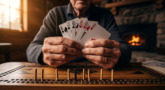 Senior man playing a classic cribbage board game by a fireplace